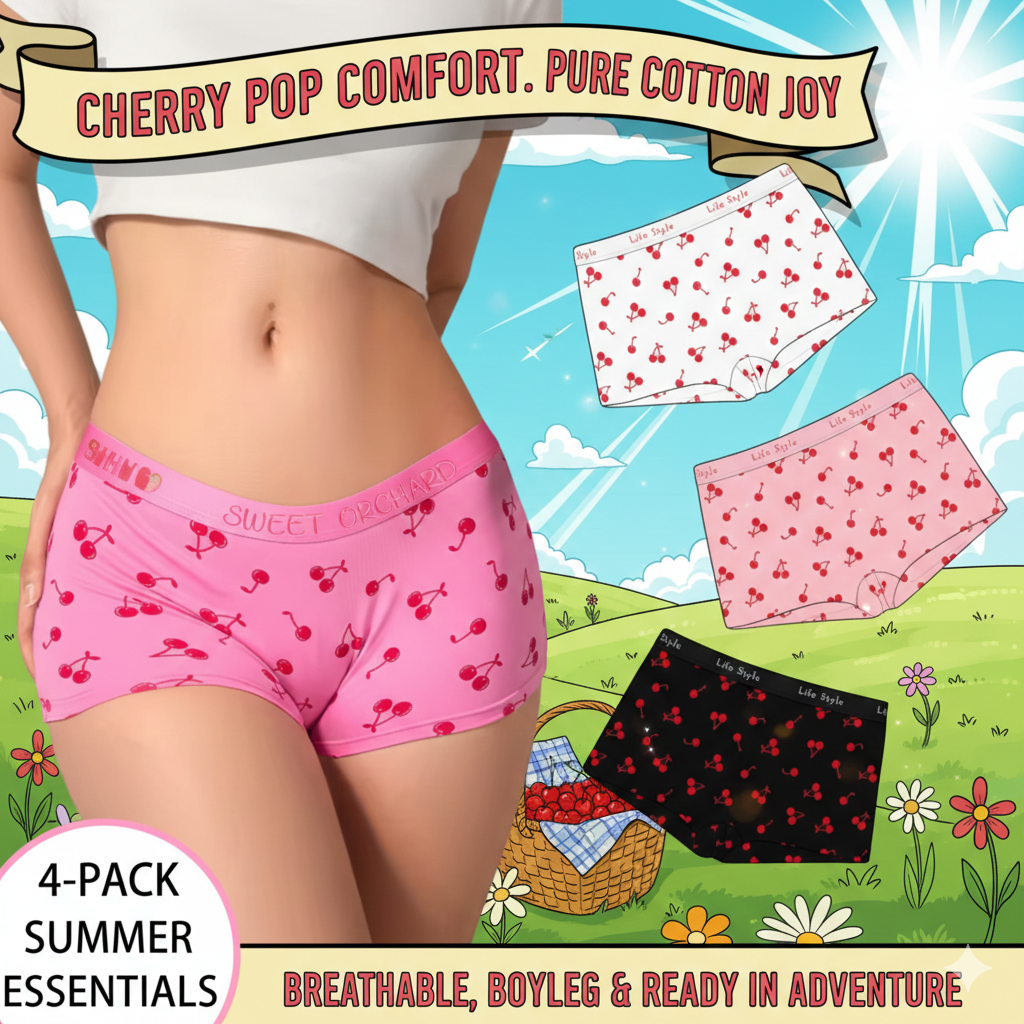 Breathable Cotton Fruit Pattern Ladies' Boxers (4-Pack): Sweet Cherry Print Casual Home Underwear - Soft & Stretchable Sleep Shorts for Women