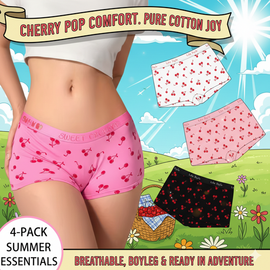 Breathable Cotton Fruit Pattern Ladies' Boxers (4-Pack): Sweet Cherry Print Casual Home Underwear - Soft & Stretchable Sleep Shorts for Women