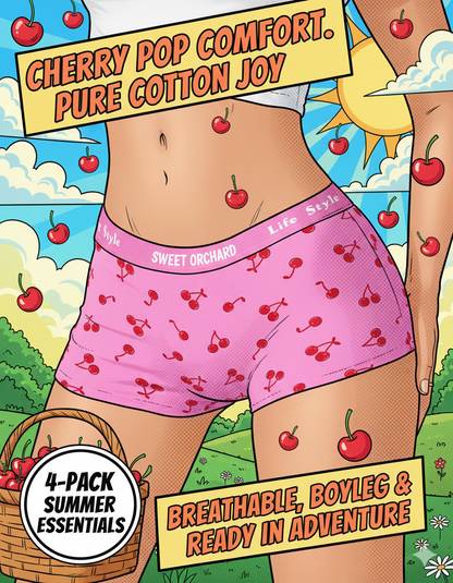 Breathable Cotton Fruit Pattern Ladies' Boxers (4-Pack): Sweet Cherry Print Casual Home Underwear - Soft & Stretchable Sleep Shorts for Women