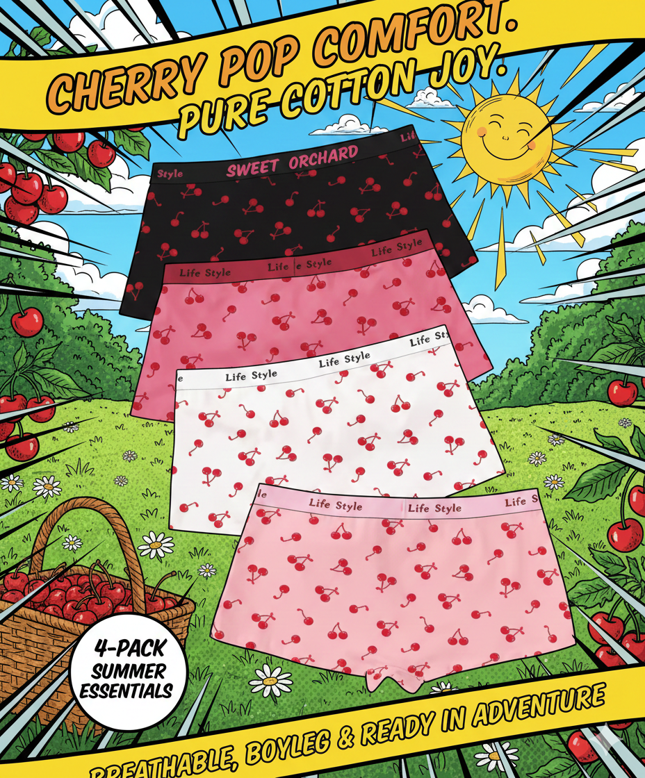 Breathable Cotton Fruit Pattern Ladies' Boxers (4-Pack): Sweet Cherry Print Casual Home Underwear - Soft & Stretchable Sleep Shorts for Women
