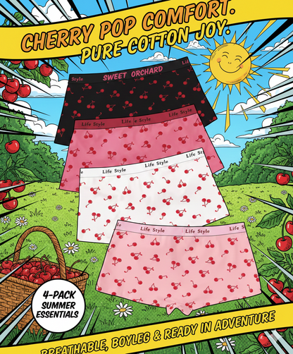 Breathable Cotton Fruit Pattern Ladies' Boxers (4-Pack): Sweet Cherry Print Casual Home Underwear - Soft & Stretchable Sleep Shorts for Women