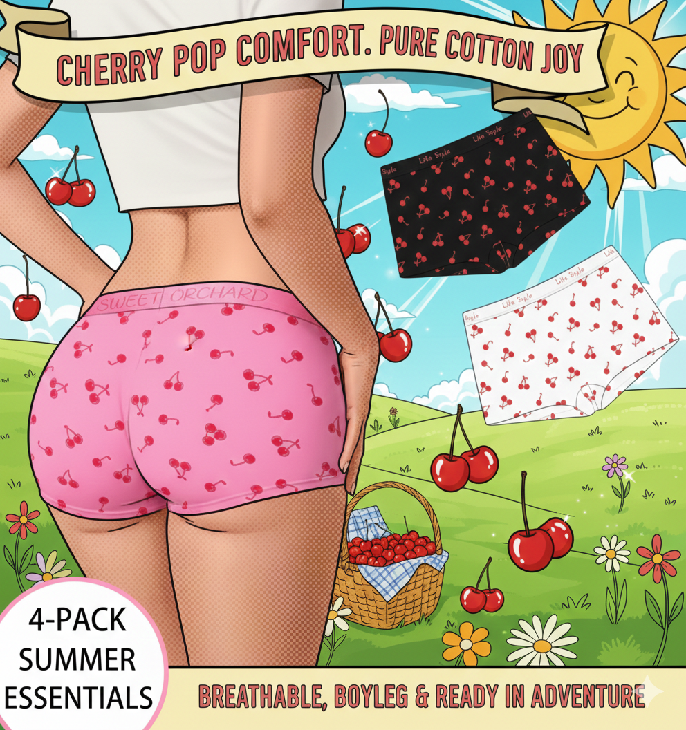 Breathable Cotton Fruit Pattern Ladies' Boxers (4-Pack): Sweet Cherry Print Casual Home Underwear - Soft & Stretchable Sleep Shorts for Women